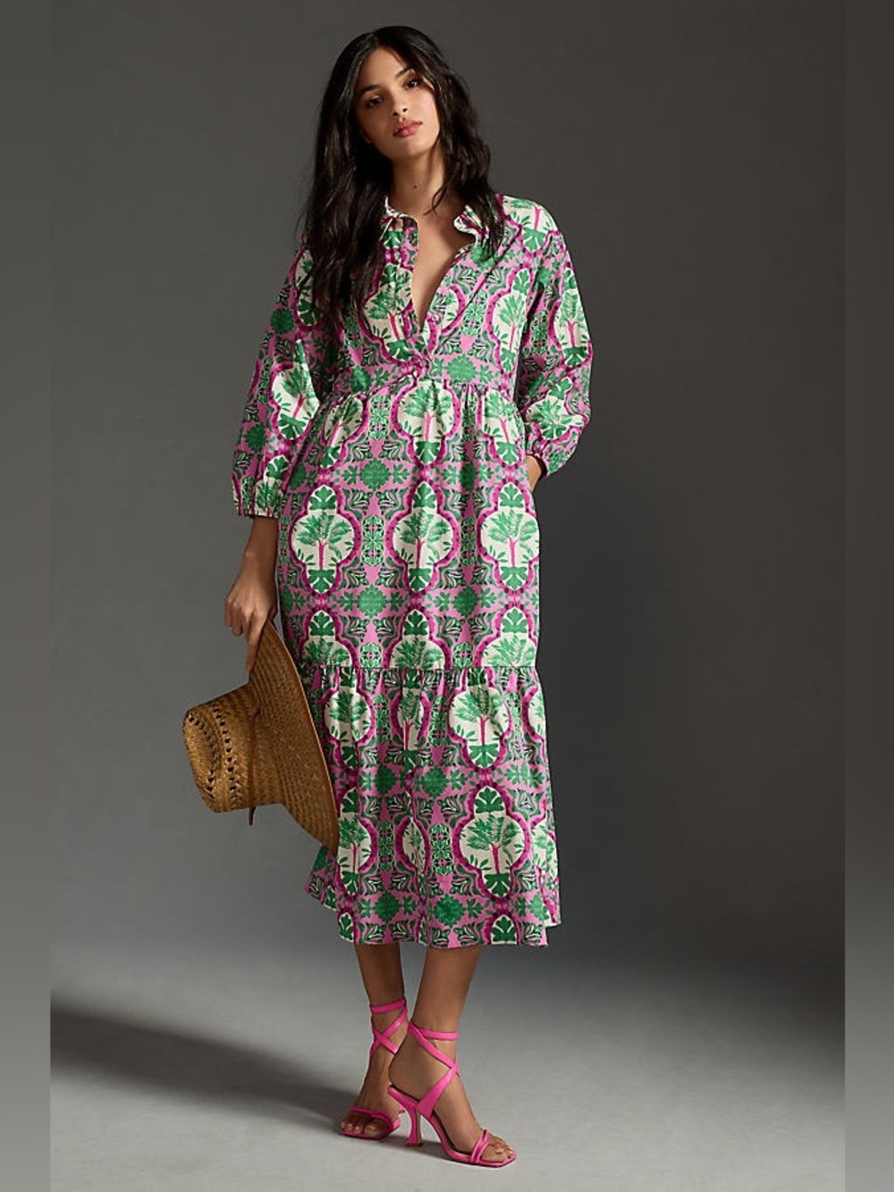 Anthropologie x Maeve Pink & Green Bettina Printed Tiered Midi Shirt Dress Small